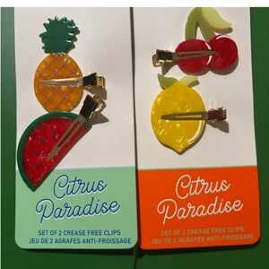 Anthropologie citrus, paradise hair clips. There is a watermelon cherries, lemon